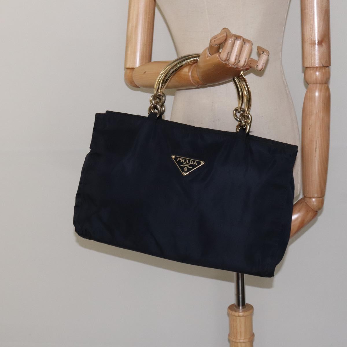 PRADA Chain Hand Bag Nylon Navy Gold Auth 122095