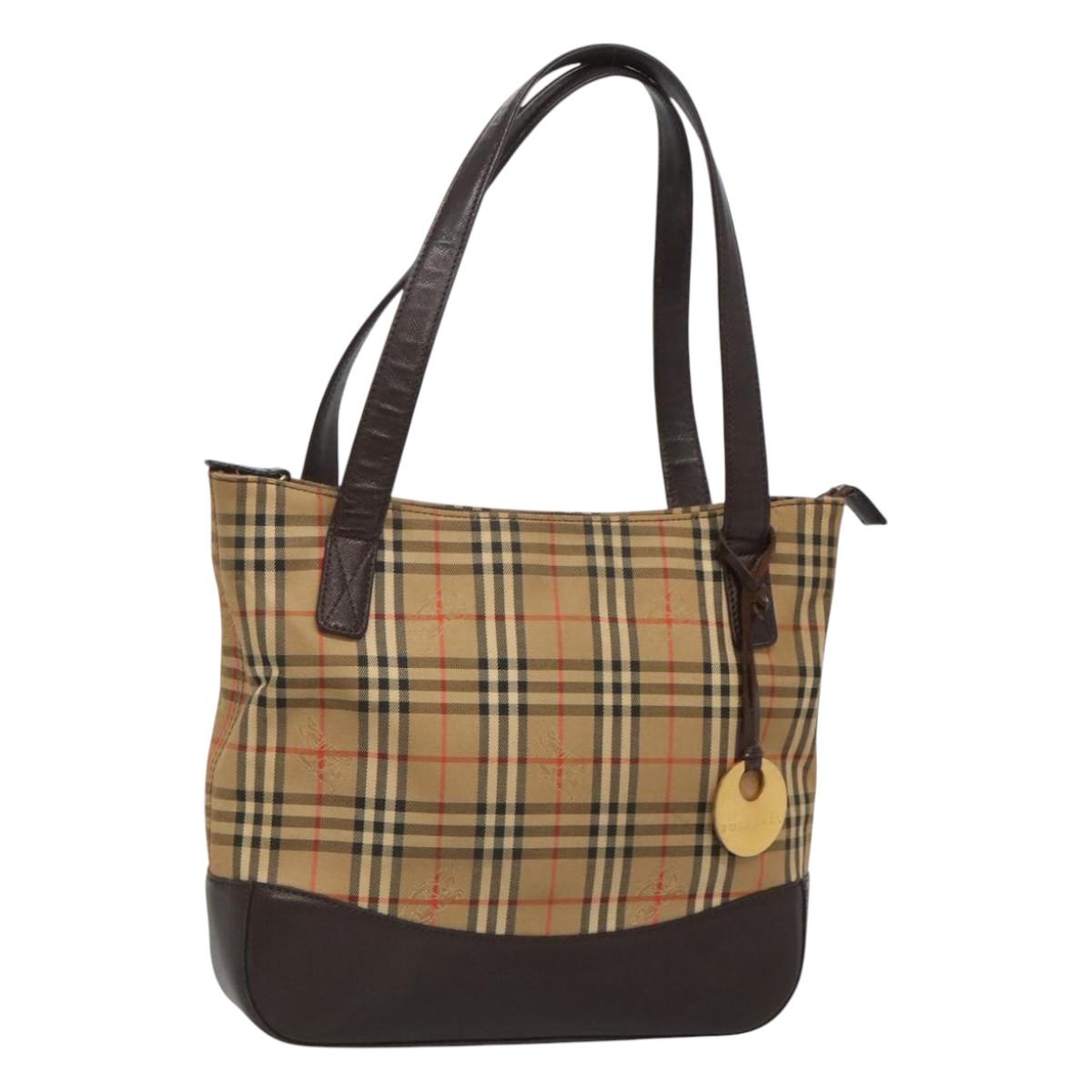 BURBERRY Nova Check Tote Bag Canvas Leather Beige Gold Auth 122113