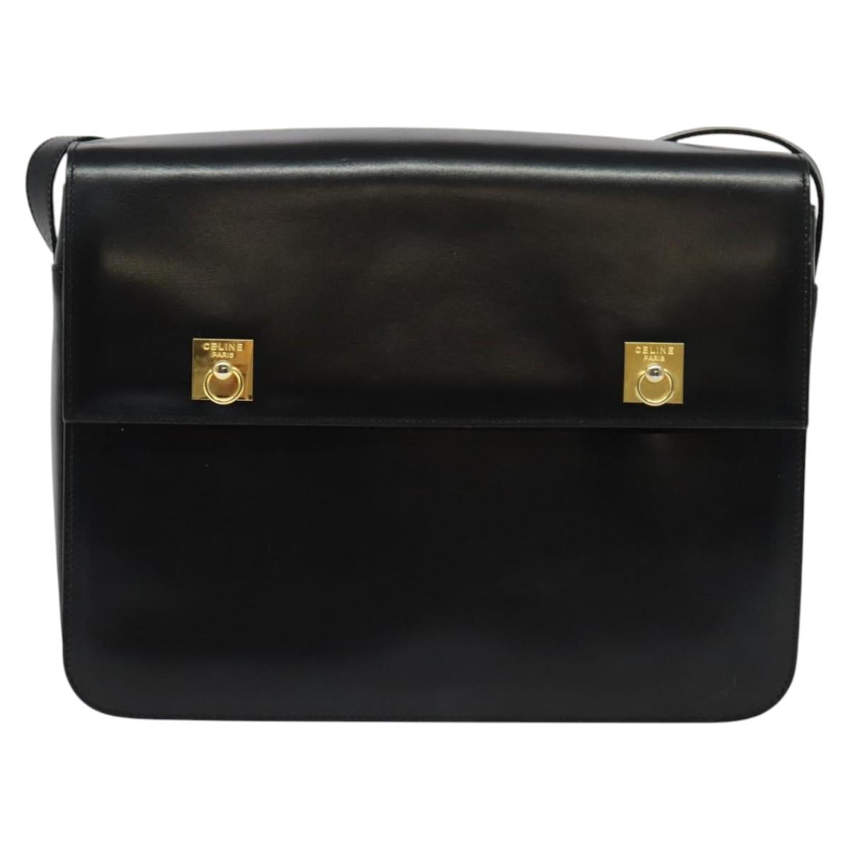 CELINE Shoulder Bag Leather Black Gold Auth 122122
