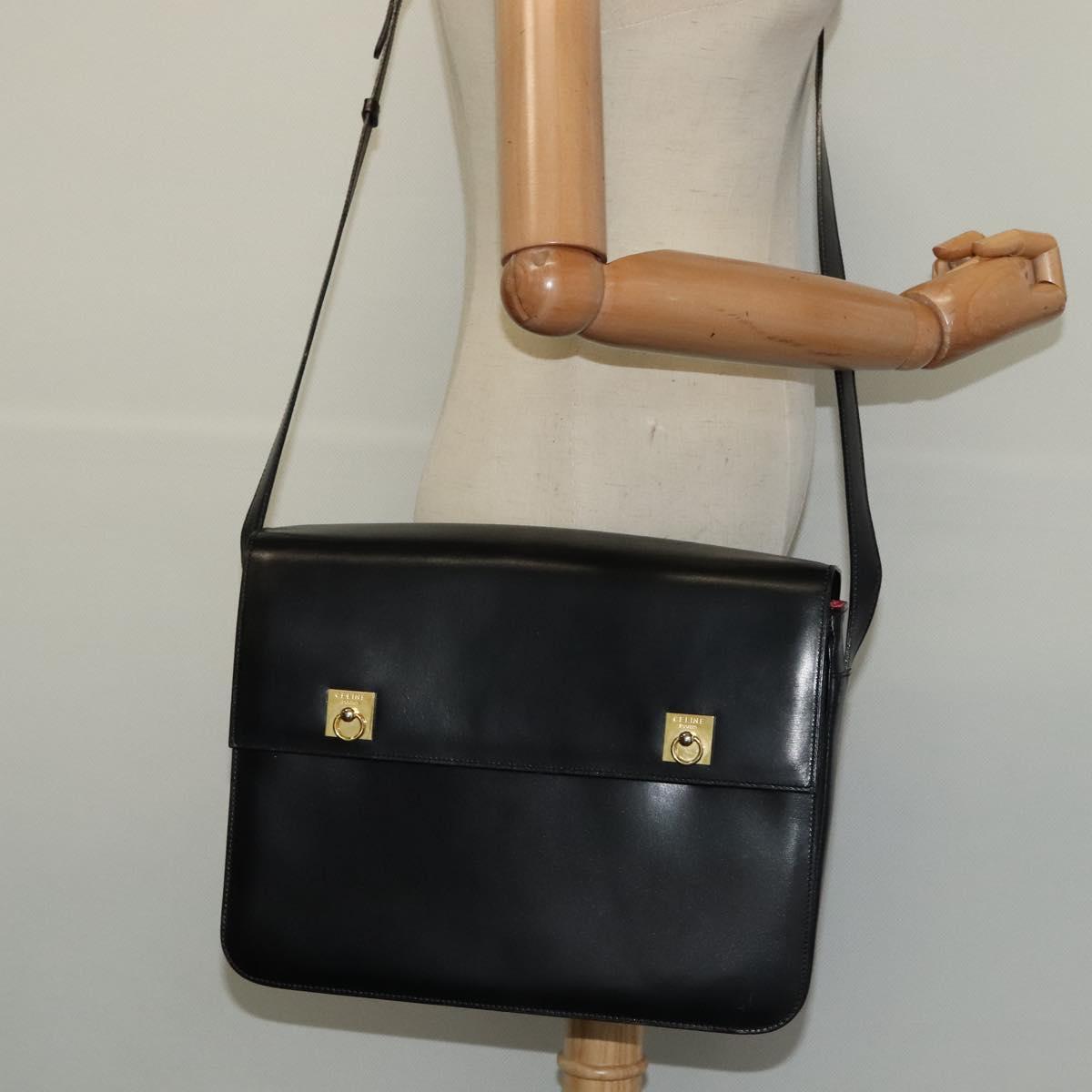 CELINE Shoulder Bag Leather Black Gold Auth 122122
