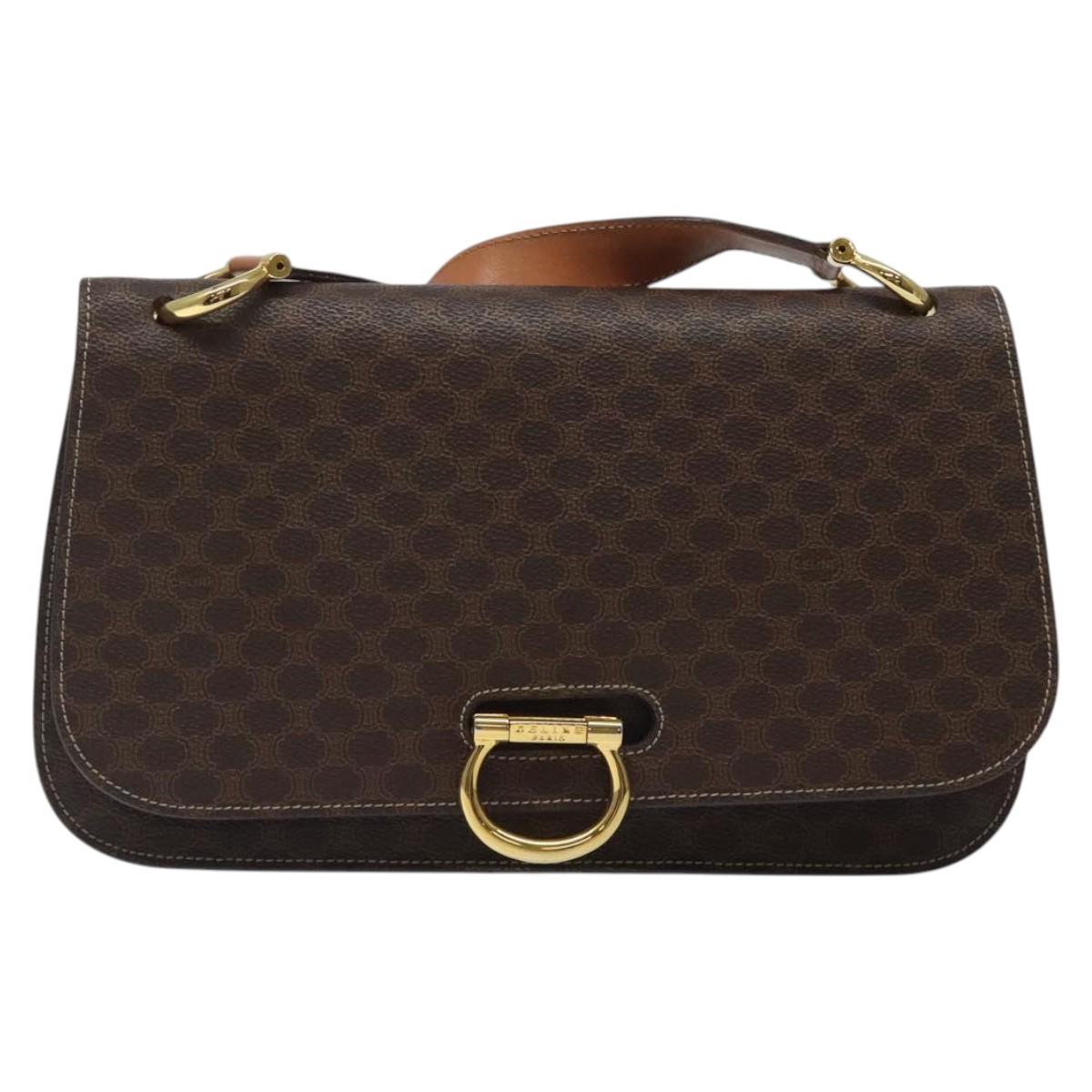 CELINE Macadam Canvas Shoulder Bag PVC Leather Brown Gold Auth 122137