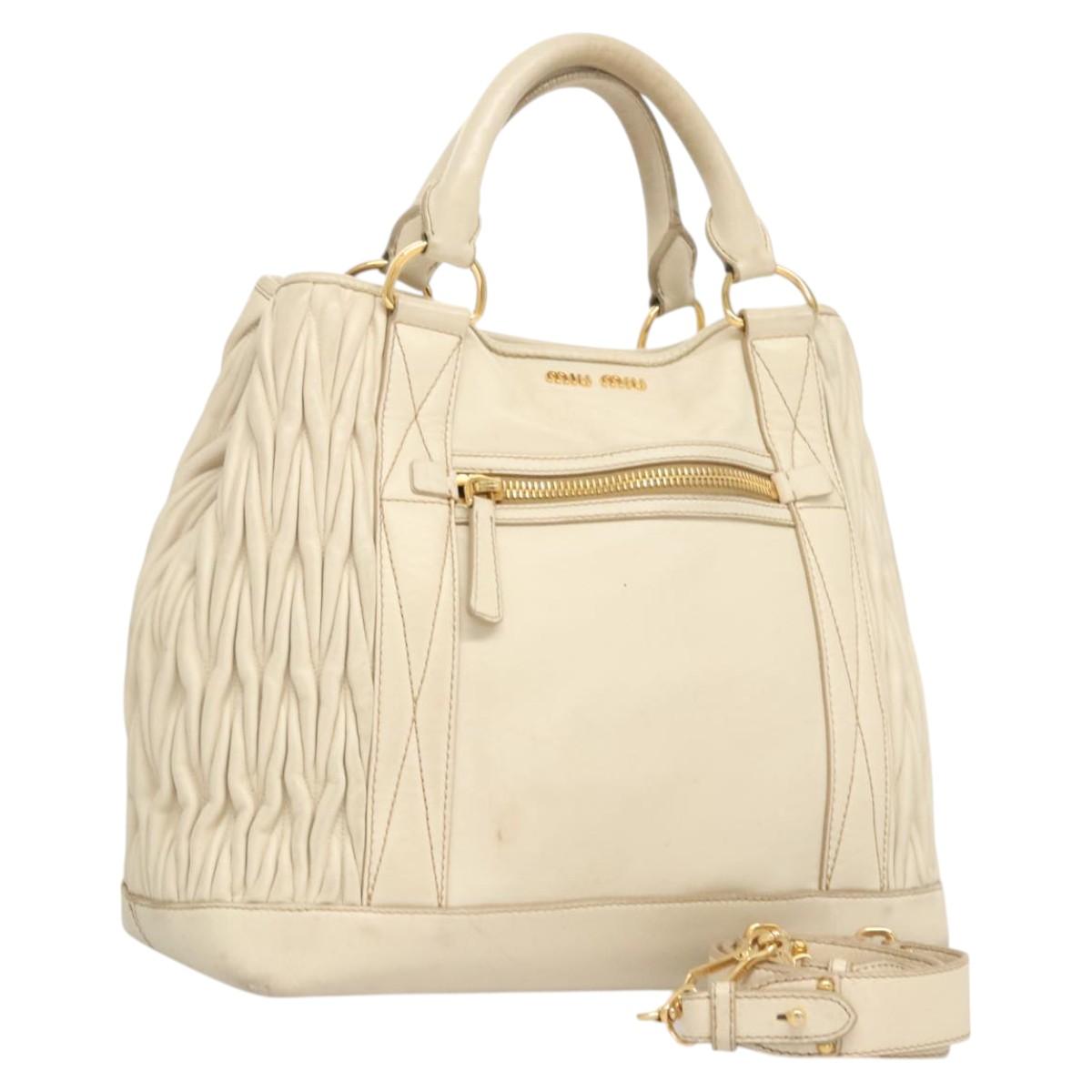 Miu Miu Matelasse Hand Bag Leather 2way White Gold Auth 122140