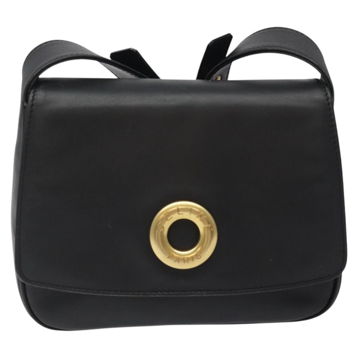 CELINE Hand Bag Leather 2way Black Gold Auth 122163