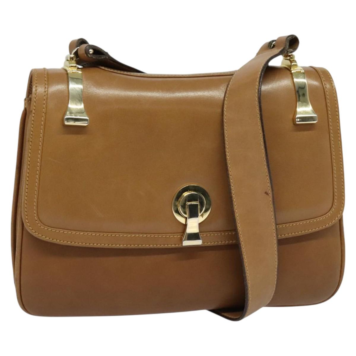 GUCCI Shoulder Bag Leather Brown Gold Auth 122171