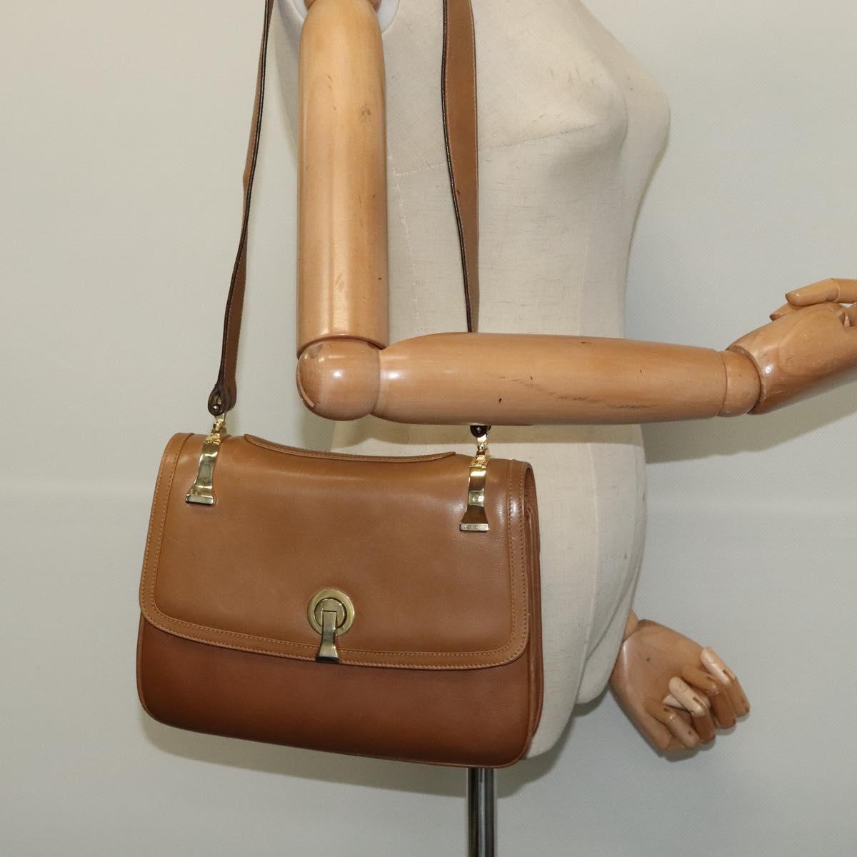 GUCCI Shoulder Bag Leather Brown Gold Auth 122171