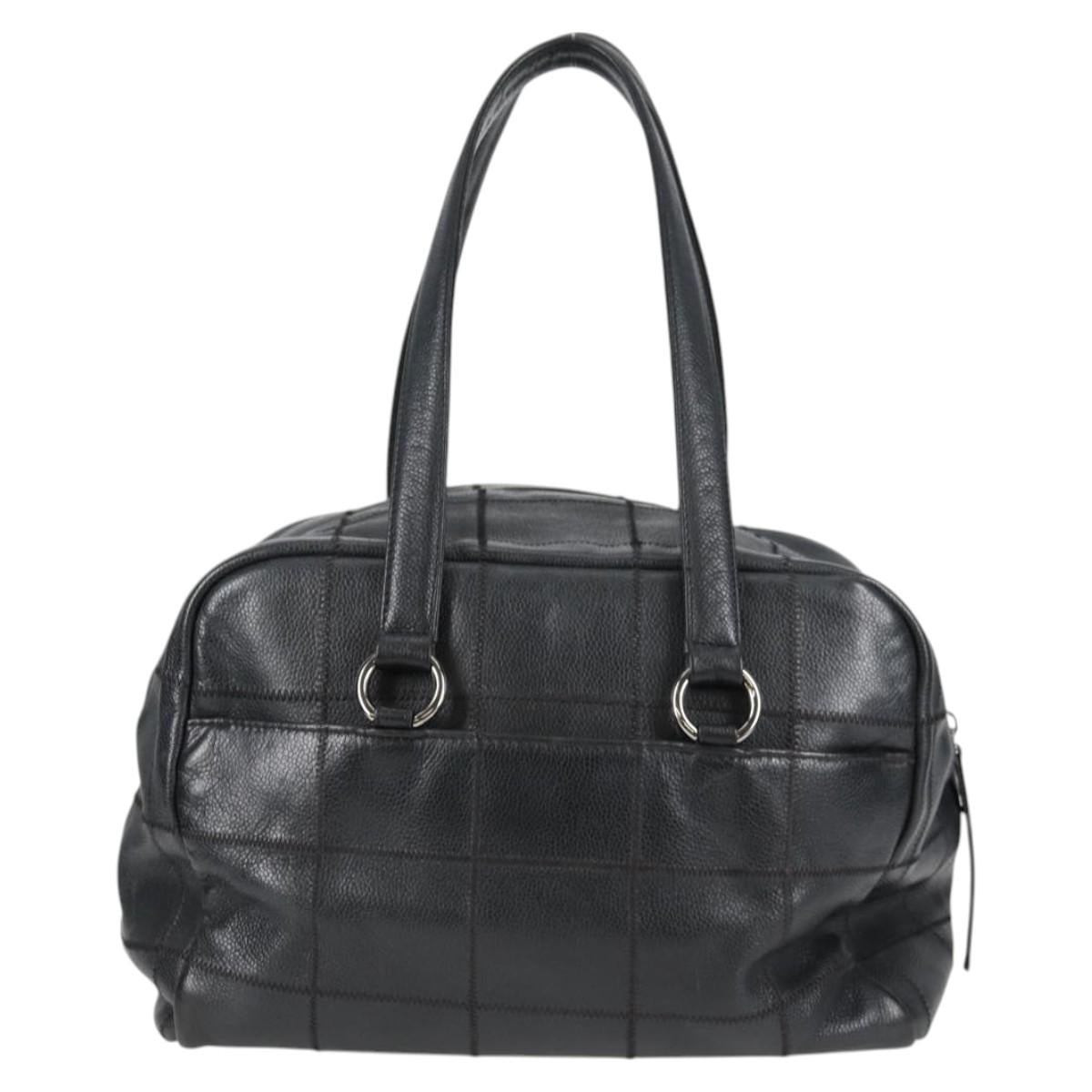 CHANEL Choco Bar Hand Bag Caviar Skin Black Silver gold CC Auth 122199