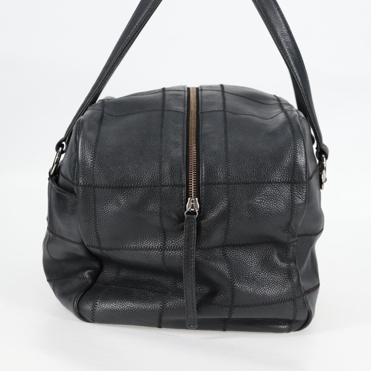 CHANEL Choco Bar Hand Bag Caviar Skin Black Silver gold CC Auth 122199