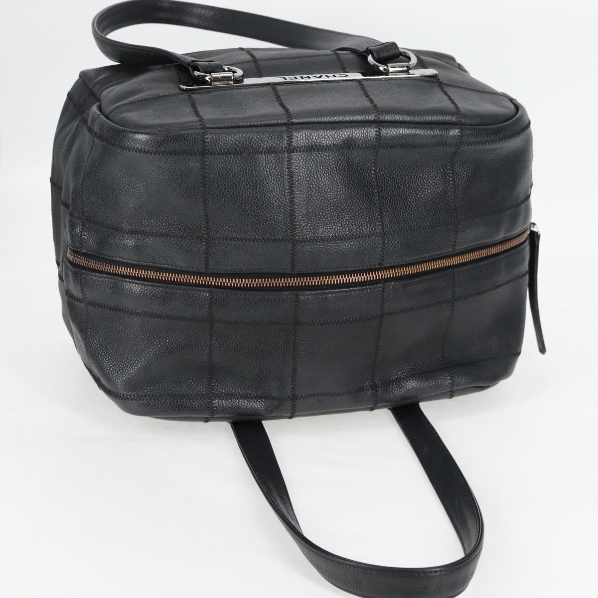 CHANEL Choco Bar Hand Bag Caviar Skin Black Silver gold CC Auth 122199