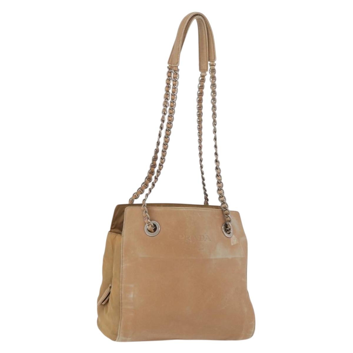 PRADA Chain Shoulder Bag Leather Beige Gold Auth 122203