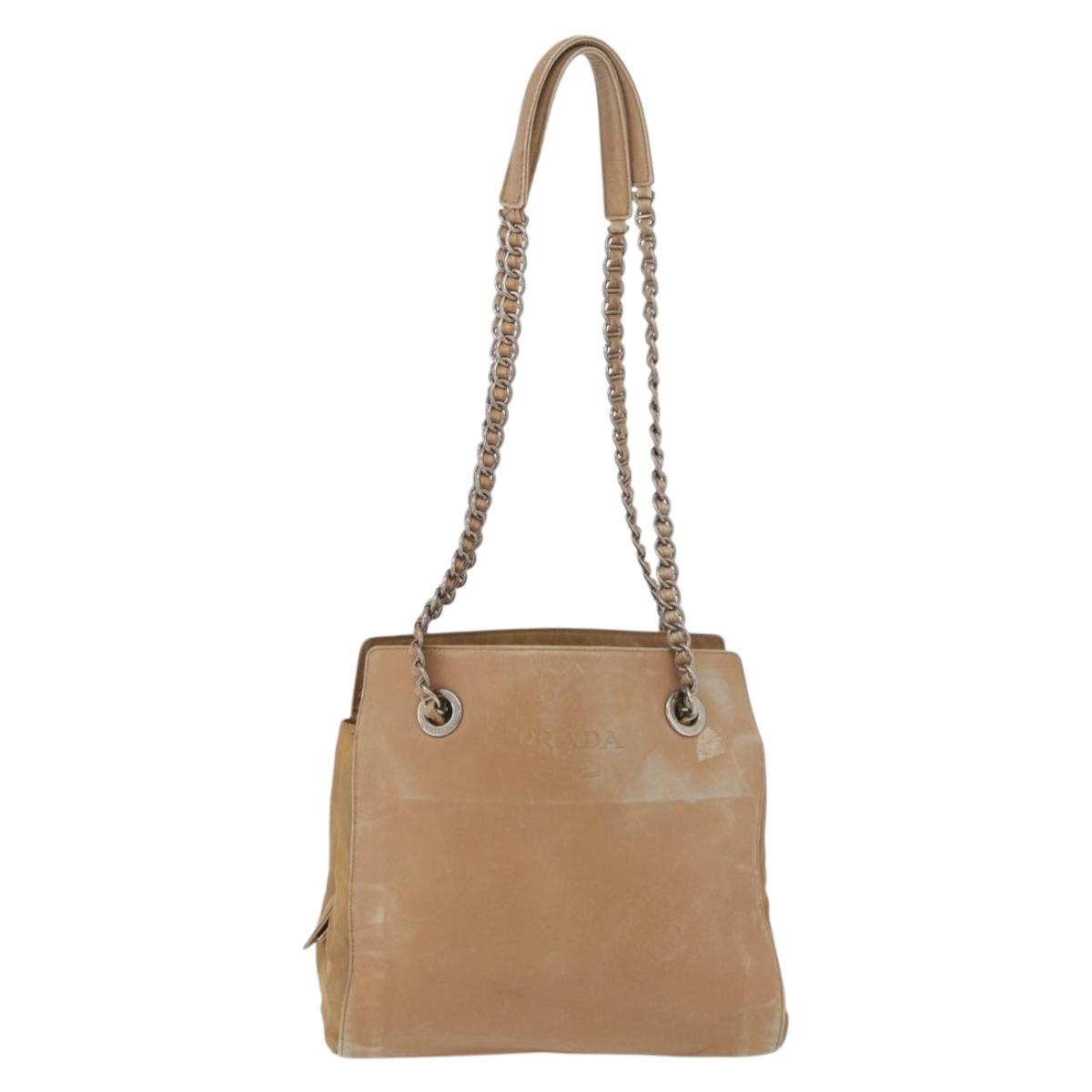 PRADA Chain Shoulder Bag Leather Beige Gold Auth 122203