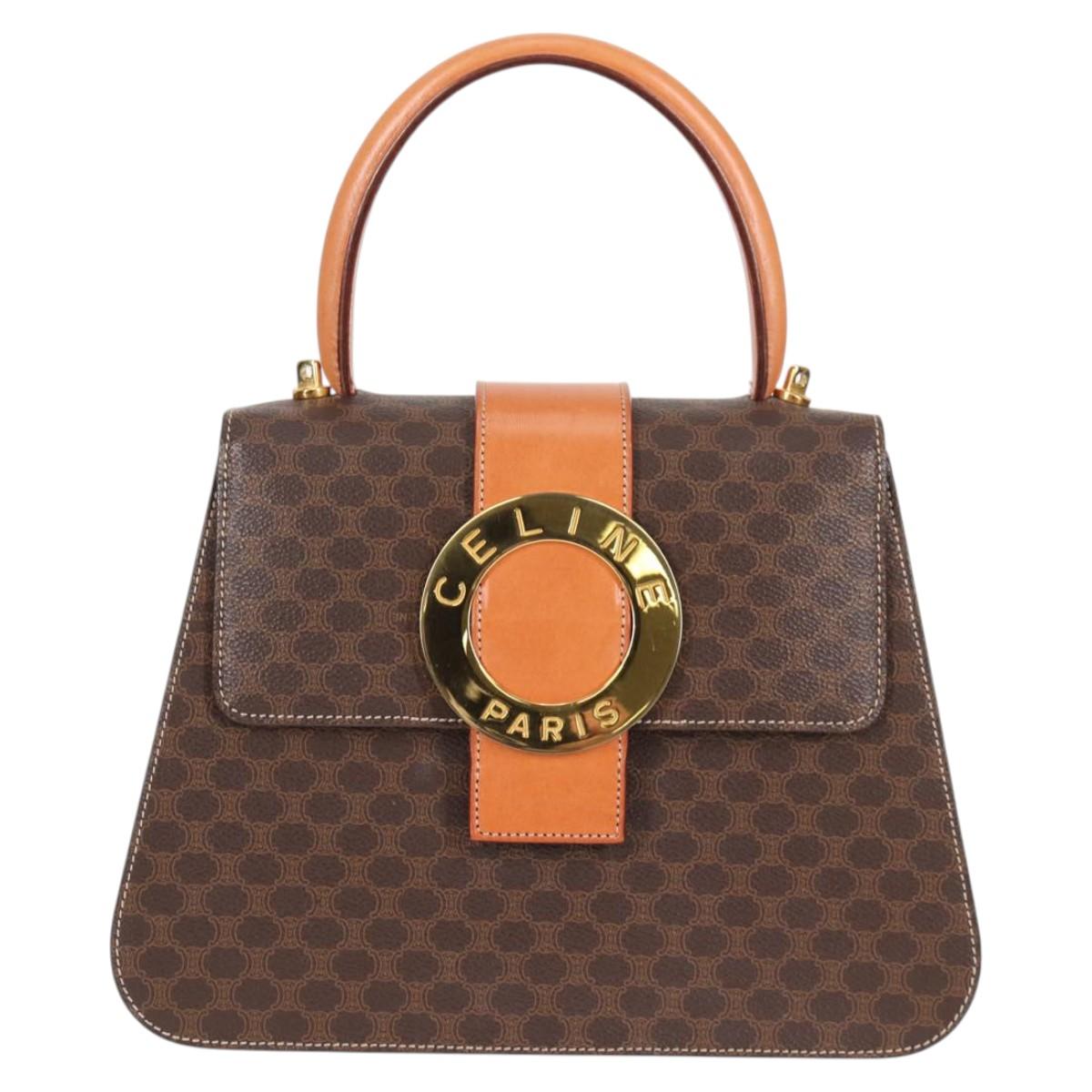 CELINE Circle Macadam Canvas Hand Bag PVC Leather 2way Brown Gold Auth 122270AV