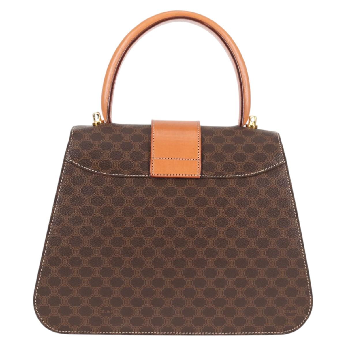 CELINE Circle Macadam Canvas Hand Bag PVC Leather 2way Brown Gold Auth 122270AV