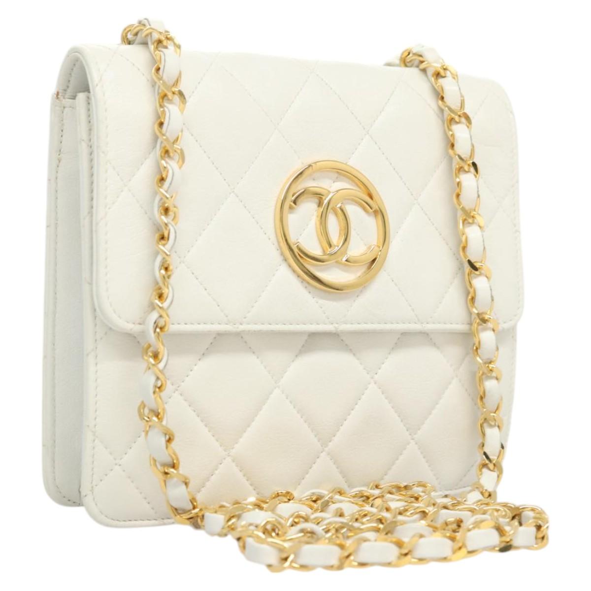 CHANEL Matelasse COCO Mark Chain Bag Lamb Skin White Gold CC Auth 122303V