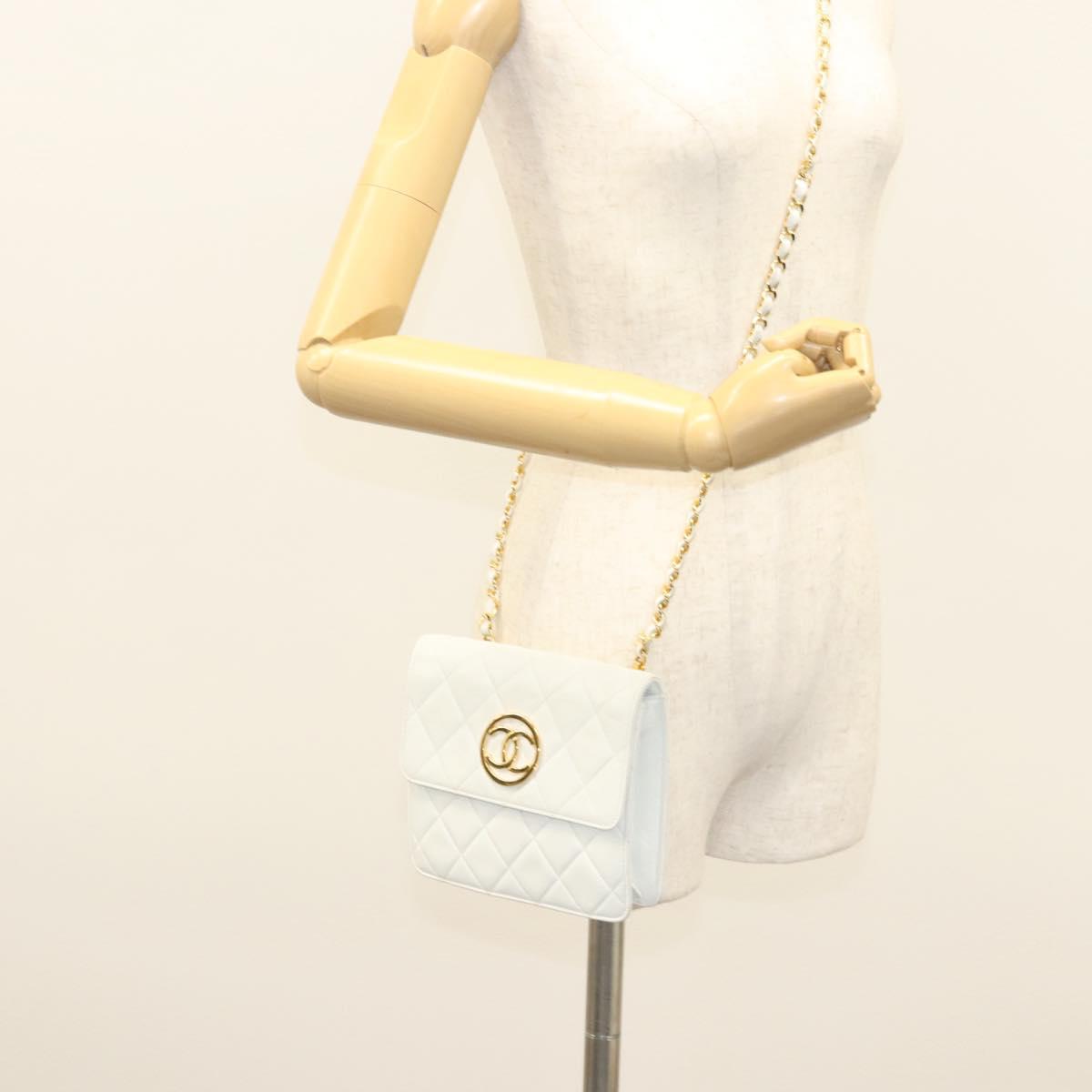 CHANEL Matelasse COCO Mark Chain Bag Lamb Skin White Gold CC Auth 122303V