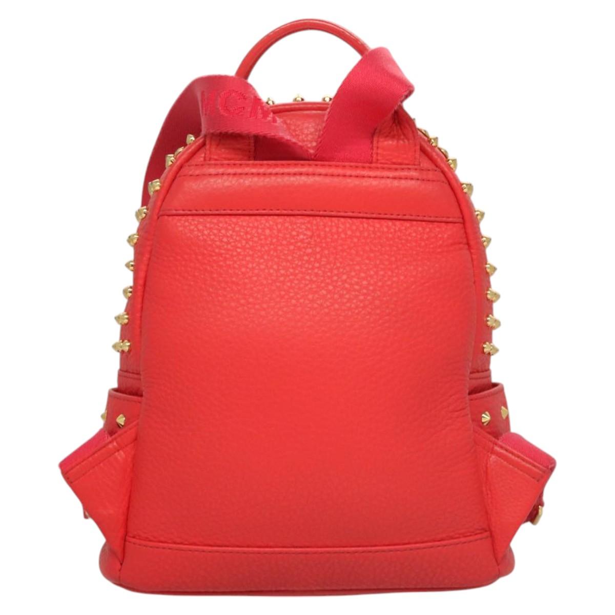 MCM Studs Backpack Leather Red Gold Auth 122310
