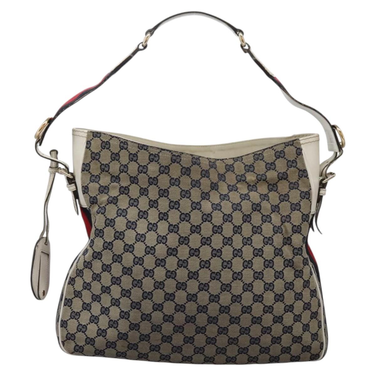 GUCCI GG Canvas Sherry Line Shoulder Bag Navy Gold 247597 203998 Auth 122316