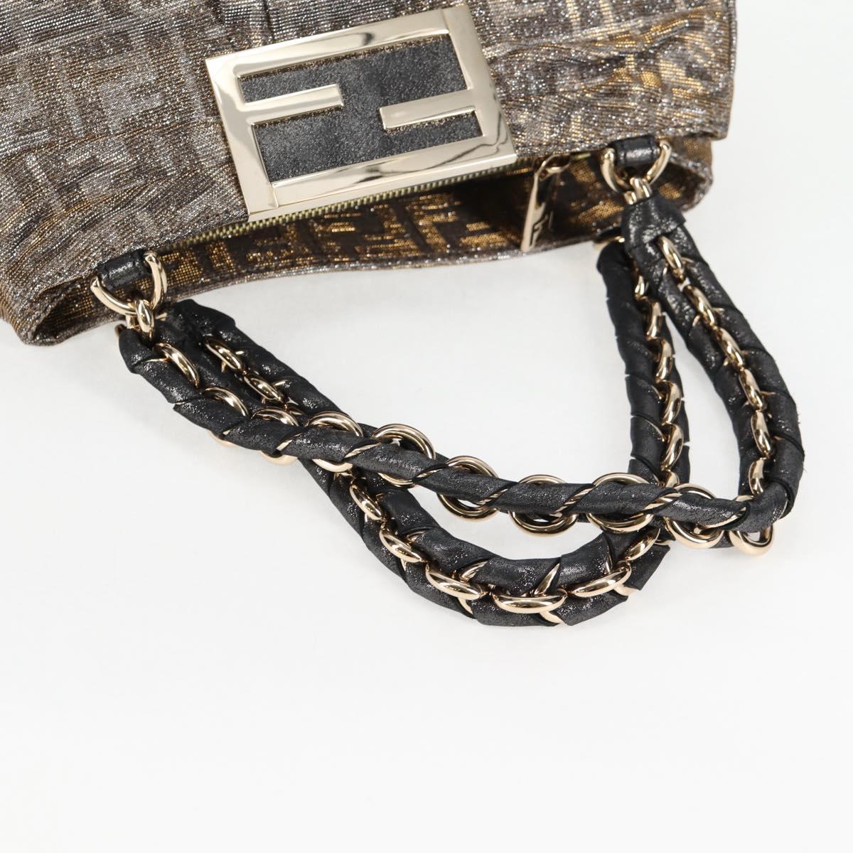 FENDI Zucca Canvas Mia Chain Shoulder Bag Silver Gold Auth 122372AV
