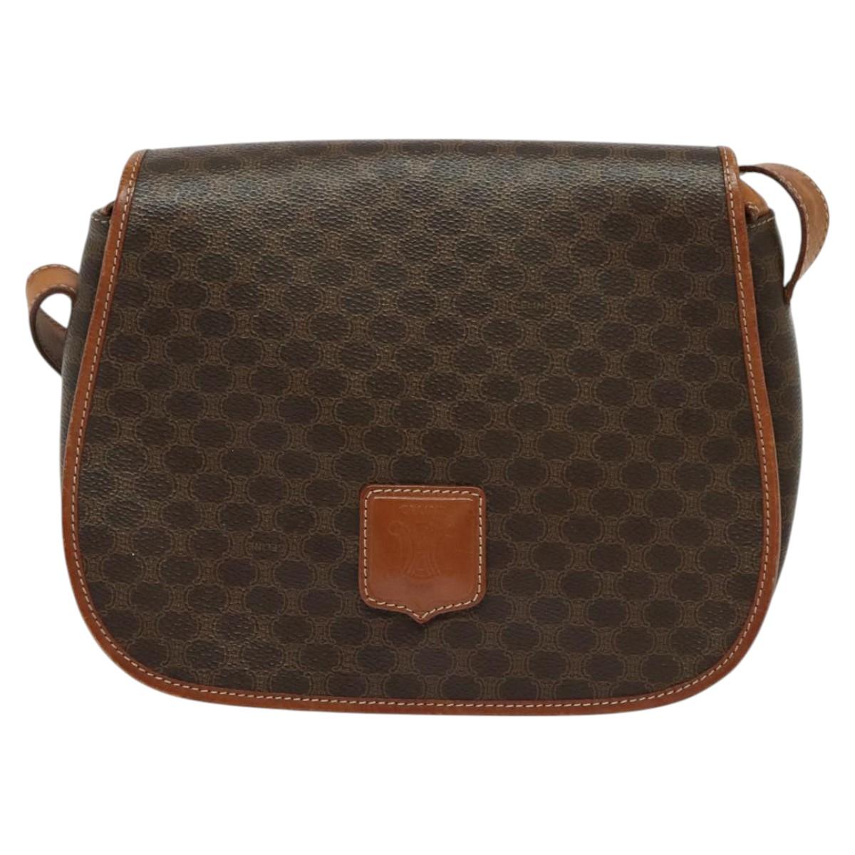 CELINE Macadam Canvas Shoulder Bag PVC Leather Brown Gold Auth 122373