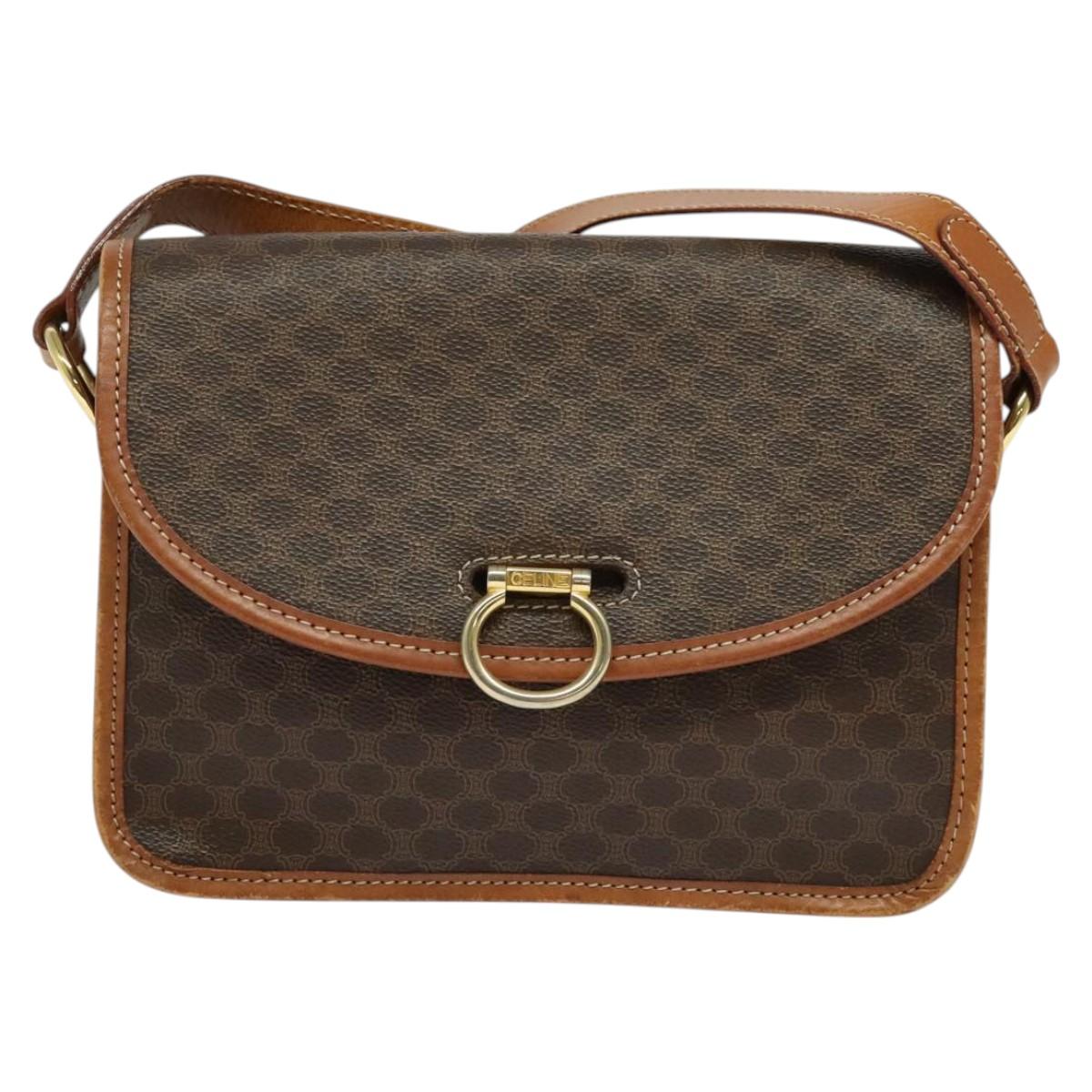 CELINE Macadam Canvas Shoulder Bag PVC Leather Brown Gold Auth 122382