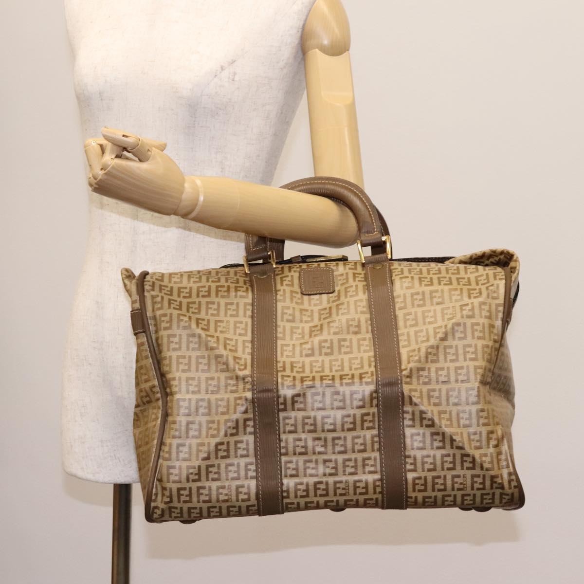 FENDI Zucchino Canvas Boston Bag Vintage Gold Beige Auth 122399