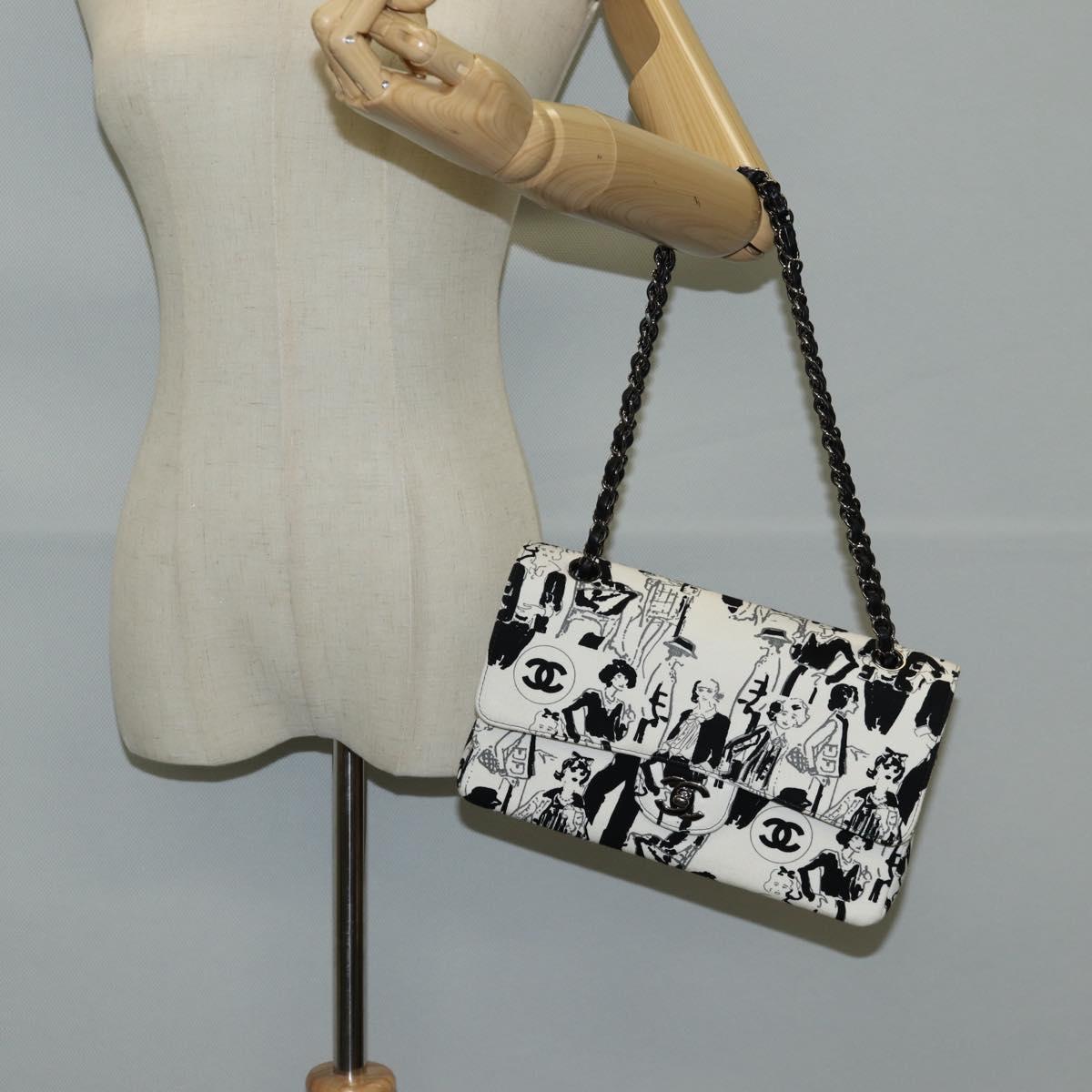 CHANEL Chain Shoulder Bag Canvas White Silver CC Auth 122423SM