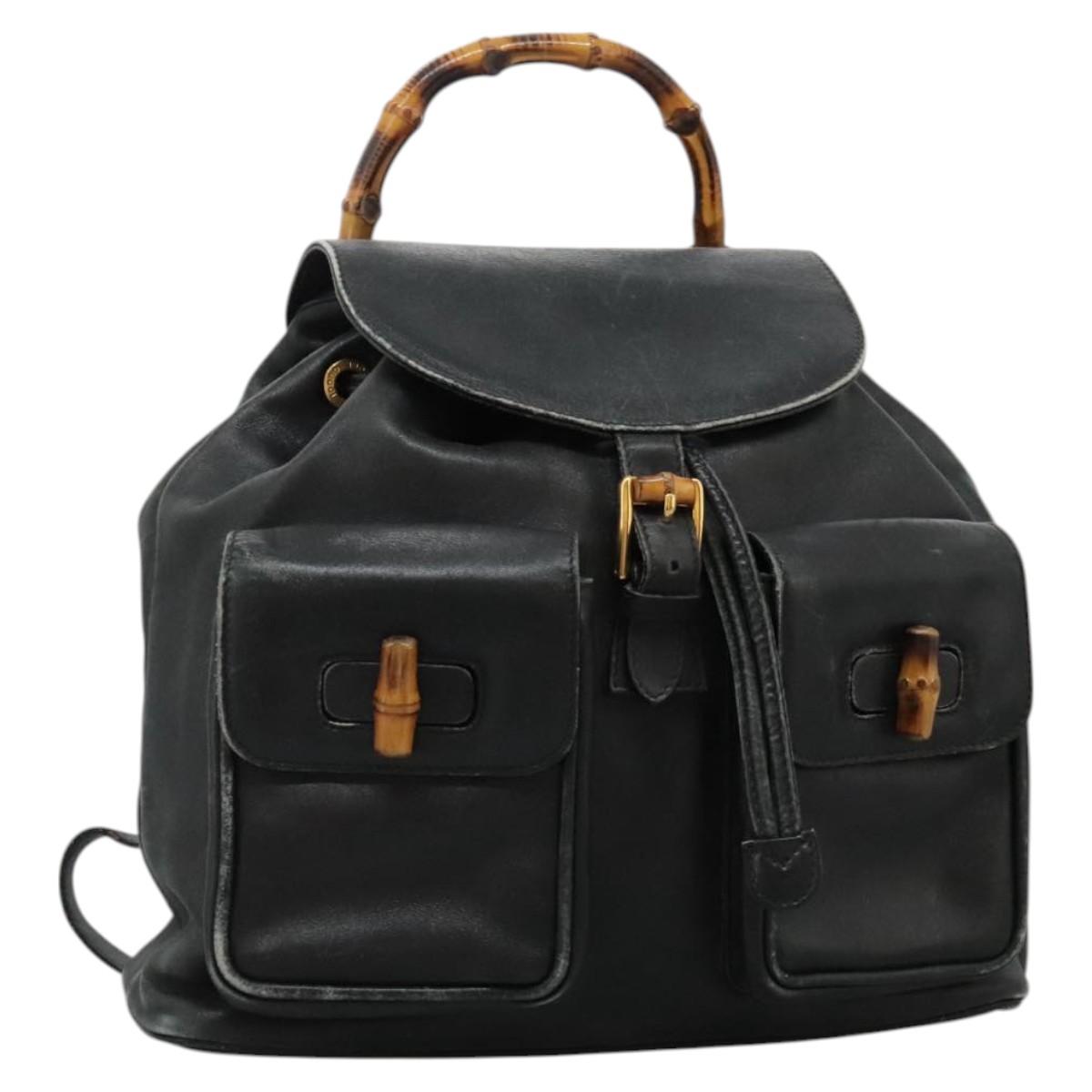 GUCCI Bamboo Backpack Leather Black Gold 003 2058 0016 Auth 122470
