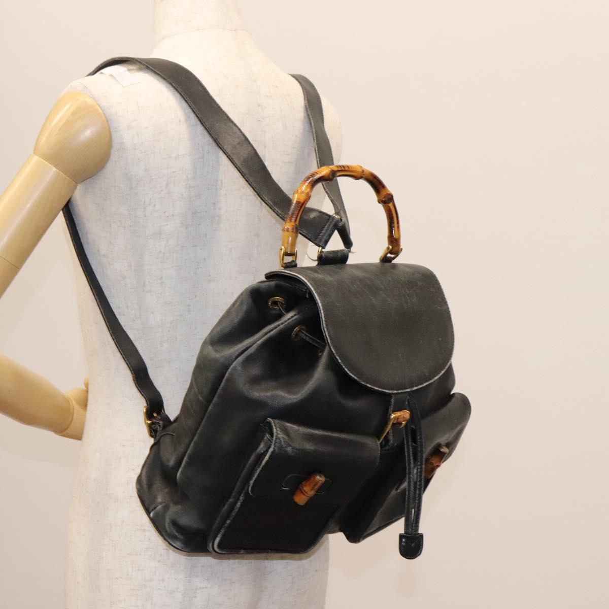 GUCCI Bamboo Backpack Leather Black Gold 003 2058 0016 Auth 122470