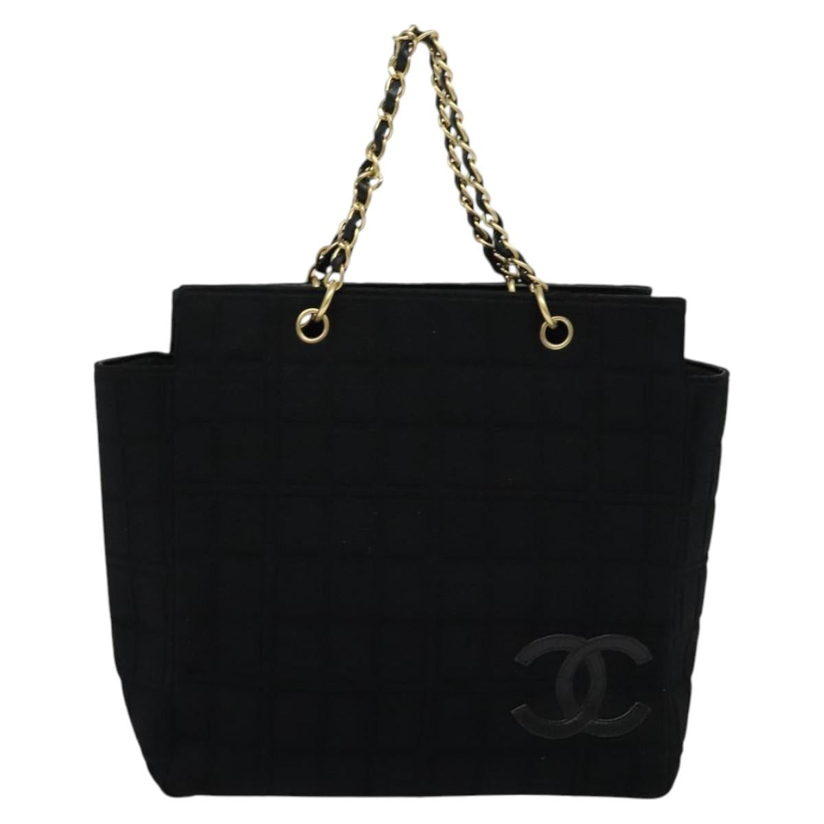 CHANEL Chain Tote Bag Cotton Black Gold CC Auth 122490