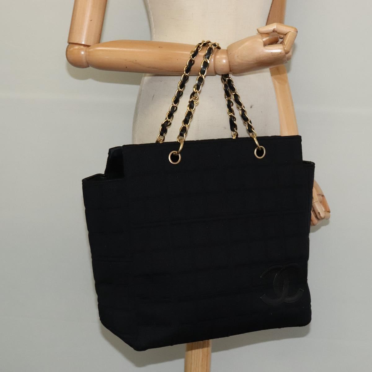 CHANEL Chain Tote Bag Cotton Black Gold CC Auth 122490