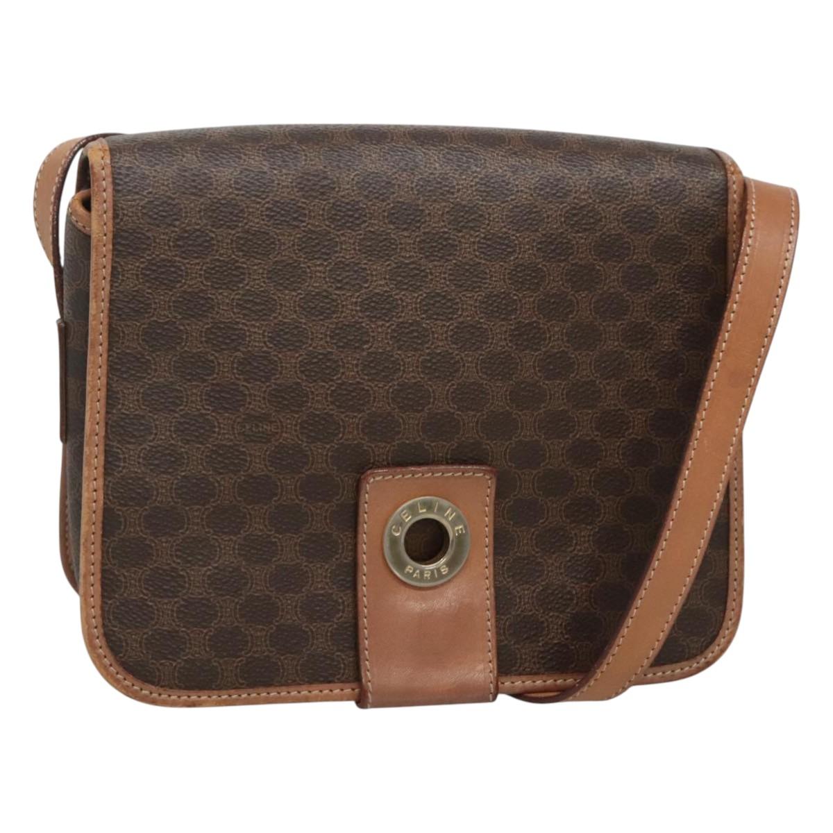 CELINE Macadam Canvas Shoulder Bag PVC Leather Brown Gold Auth 122541