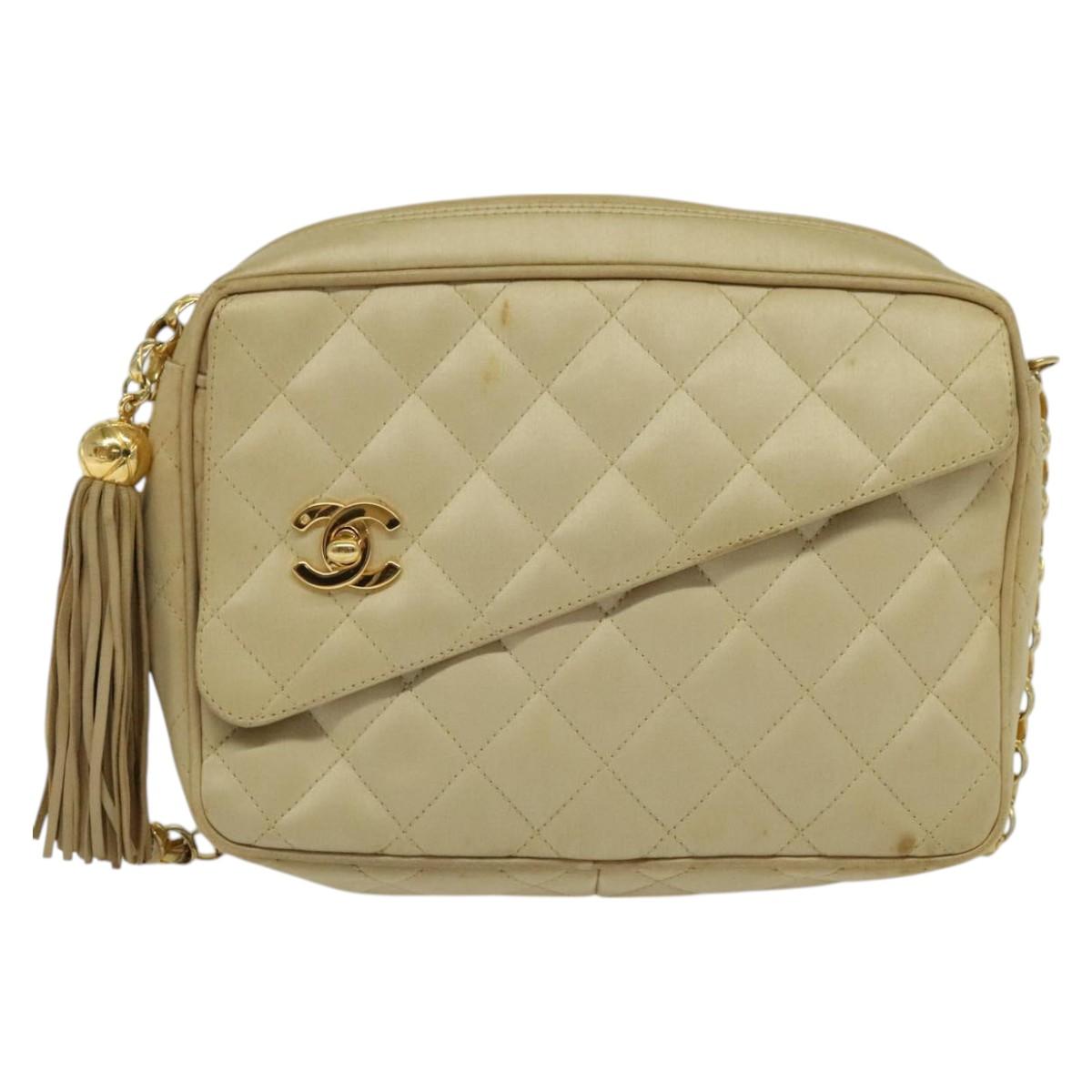 CHANEL Matelasse Chain Shoulder Bag Satin Beige Gold CC Auth 122544A
