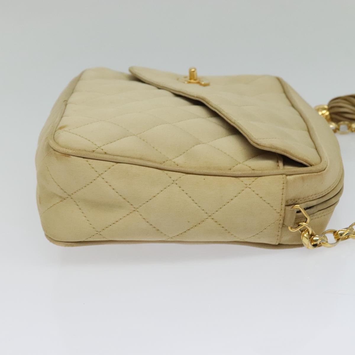 CHANEL Matelasse Chain Shoulder Bag Satin Beige Gold CC Auth 122544A