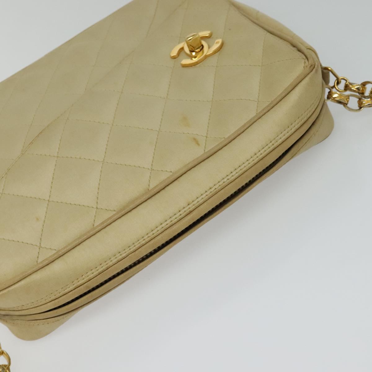 CHANEL Matelasse Chain Shoulder Bag Satin Beige Gold CC Auth 122544A