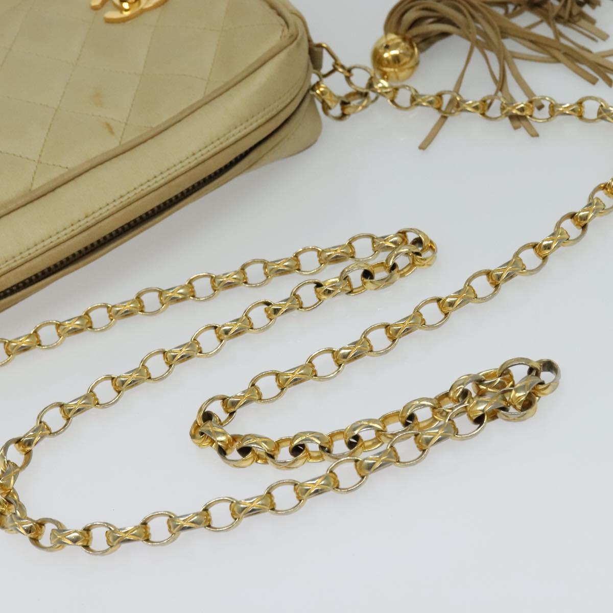 CHANEL Matelasse Chain Shoulder Bag Satin Beige Gold CC Auth 122544A