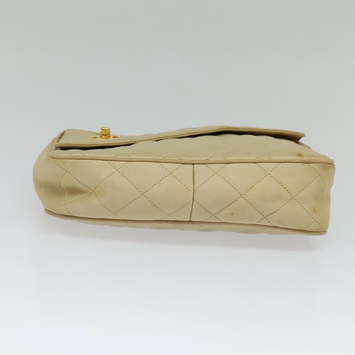 CHANEL Matelasse Chain Shoulder Bag Satin Beige Gold CC Auth 122544