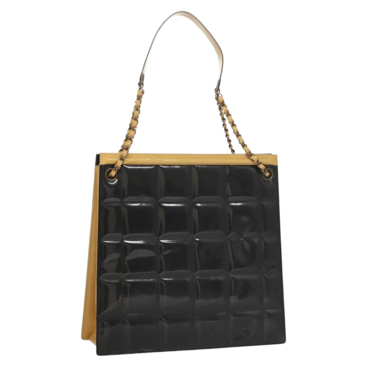 CHANEL Choco Bar Chain Shoulder Bag Patent leather Black CC Auth 122608