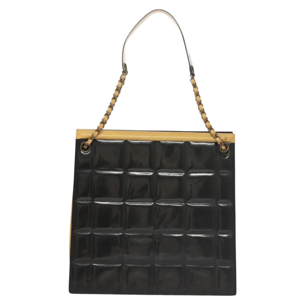 CHANEL Choco Bar Chain Shoulder Bag Patent leather Black CC Auth 122608