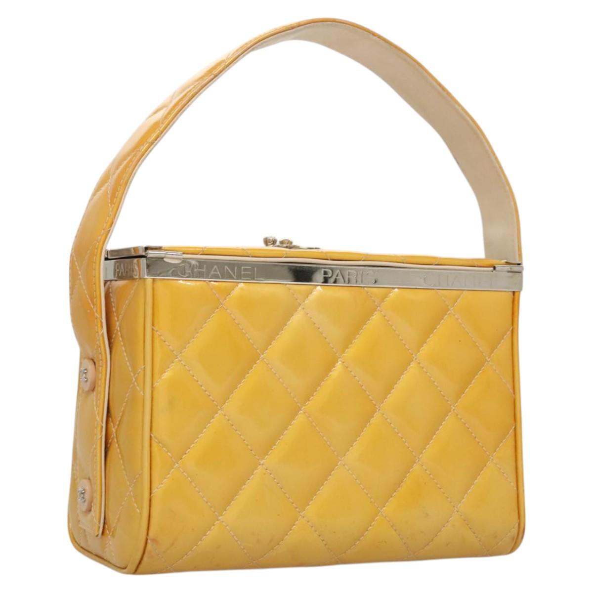 CHANEL Matelasse Hand Bag Patent leather Yellow Silver CC Auth 122609