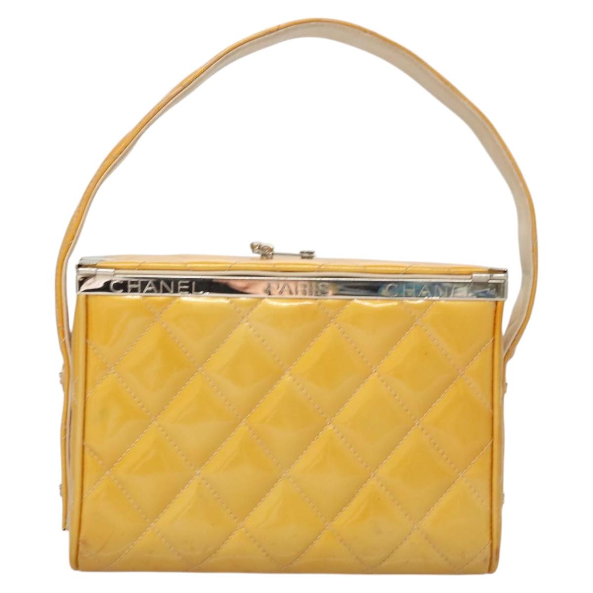 CHANEL Matelasse Hand Bag Patent leather Yellow Silver CC Auth 122609