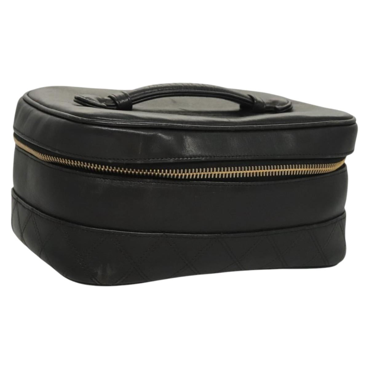 CHANEL Vanity Pouch Leather Black Gold CC Auth 122610