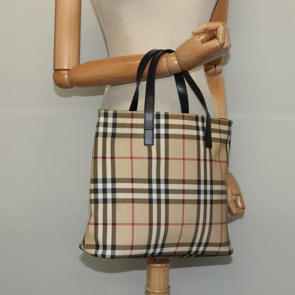 BURBERRY Nova Check Hand Bag PVC Beige Silver Auth 122613