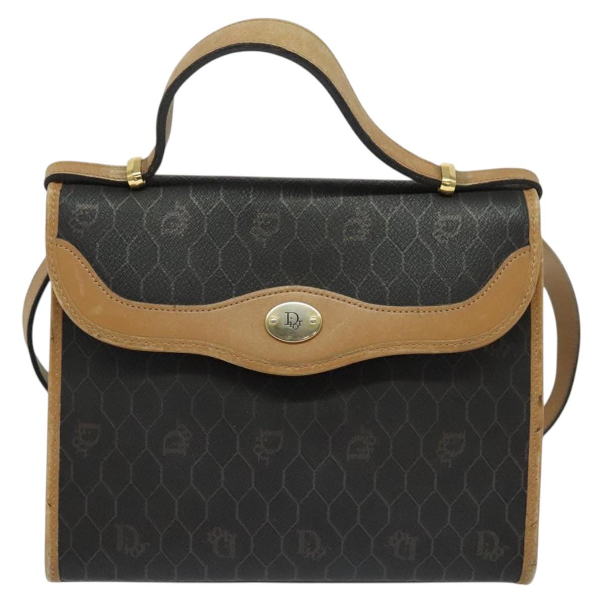 Christian Dior Honeycomb Canvas Hand Bag PVC 2way Black Gold Auth 122680