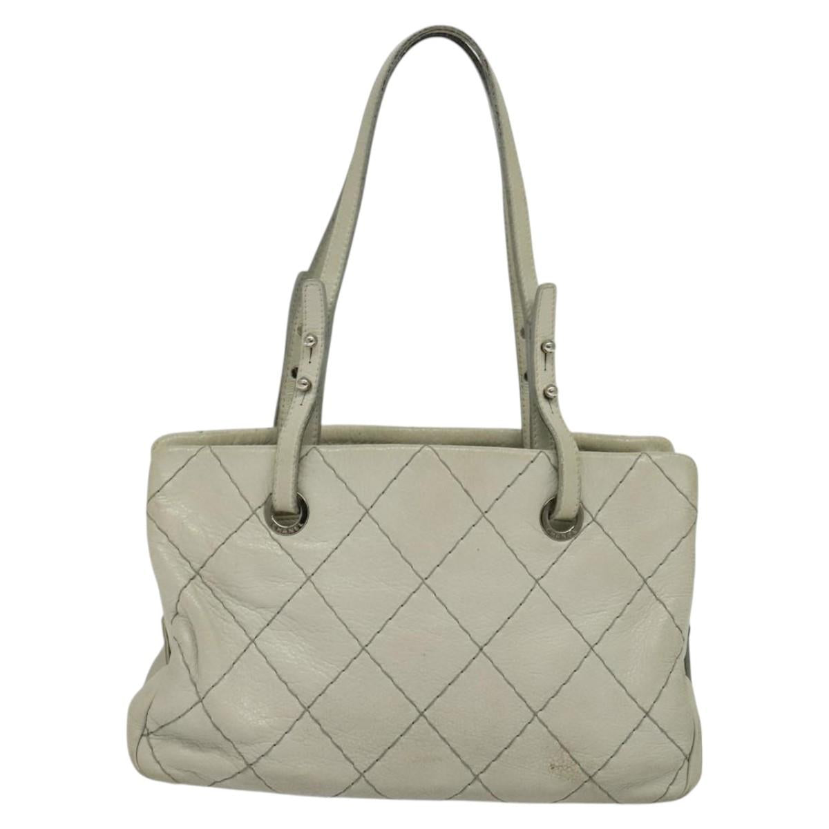 CHANEL Wild Stitch Shoulder Bag Leather Ivory Silver CC Auth 122688