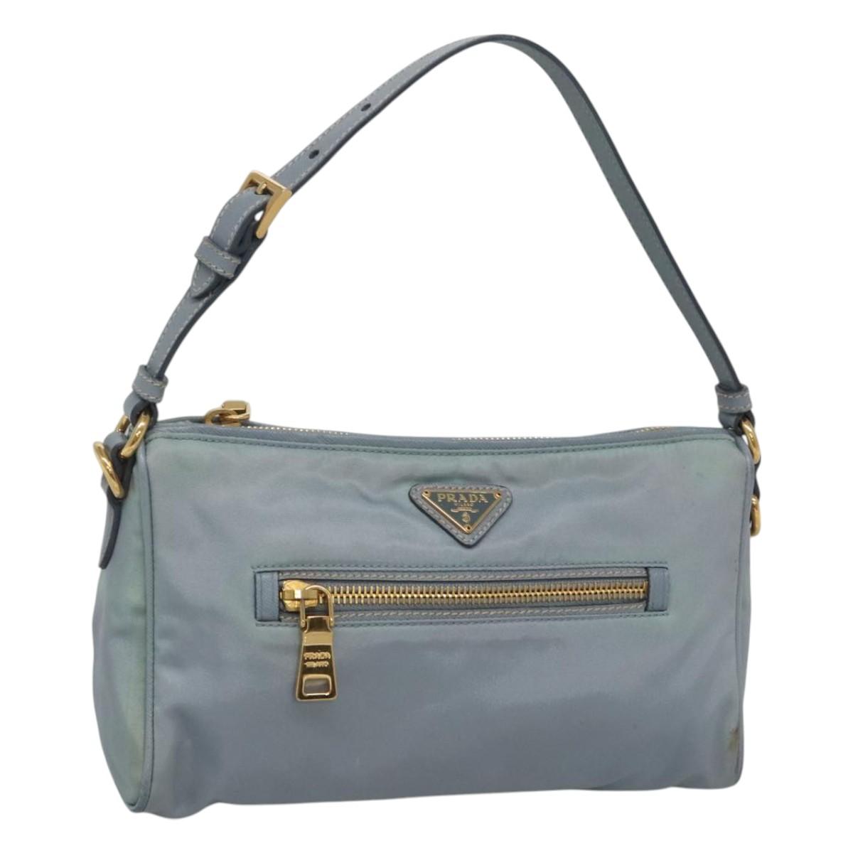 PRADA Shoulder Bag Nylon Light Blue Gold Auth 122692