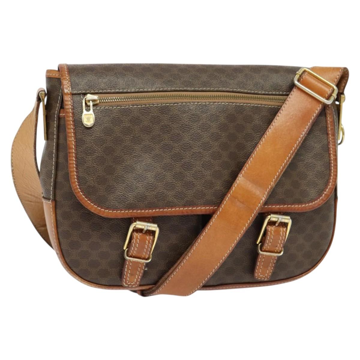 CELINE Macadam Canvas Shoulder Bag PVC Leather Brown Gold Auth 122776