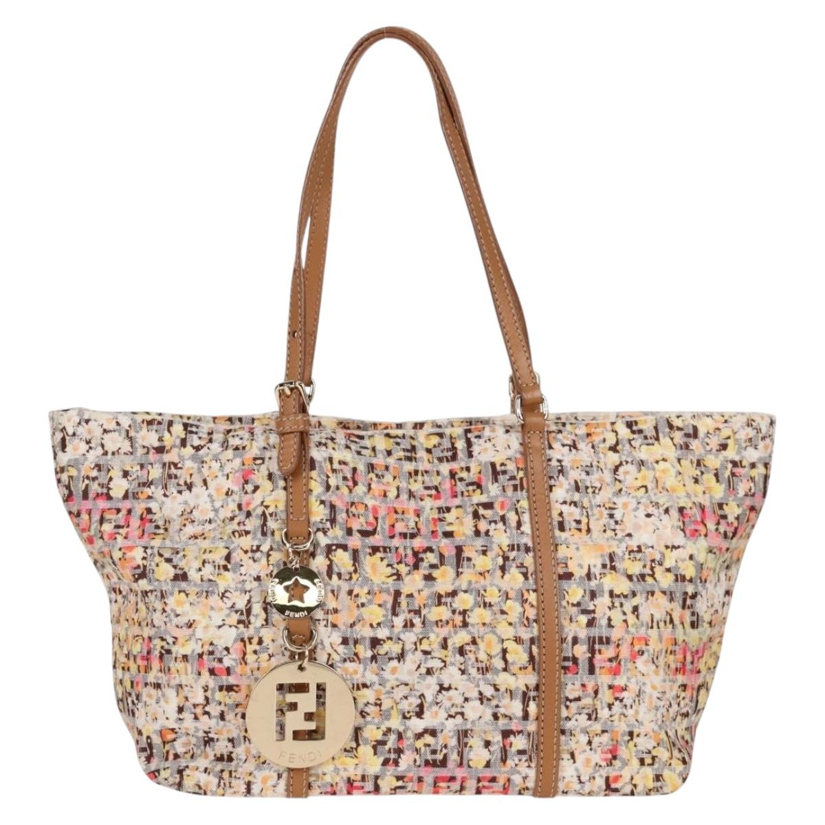 FENDI Zucchino Canvas Hand Bag Beige Gold Auth 122885V