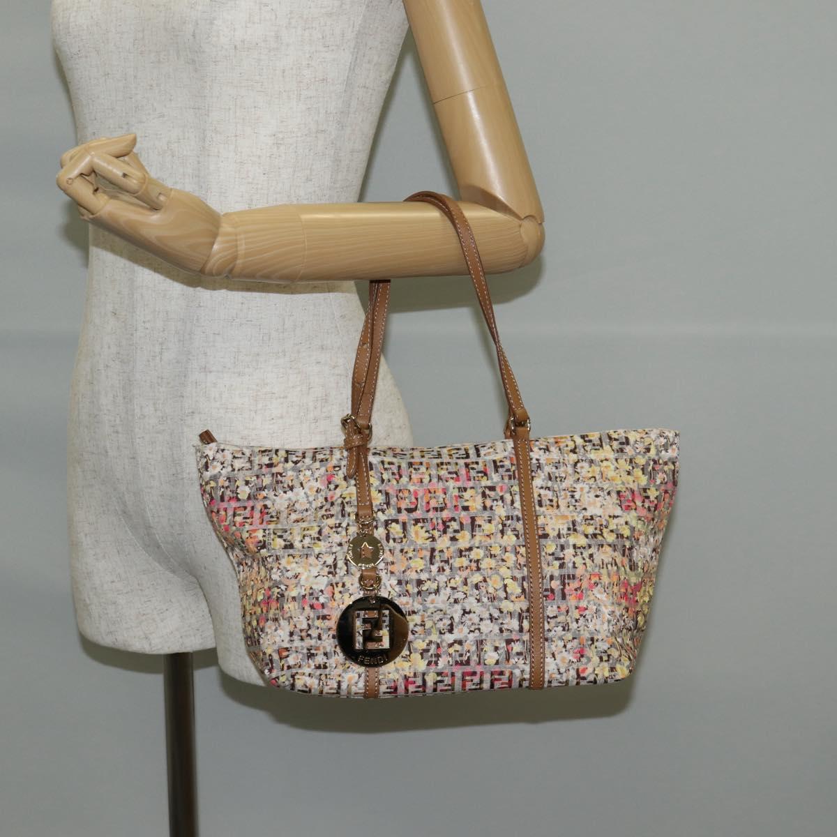 FENDI Zucchino Canvas Hand Bag Beige Gold Auth 122885V