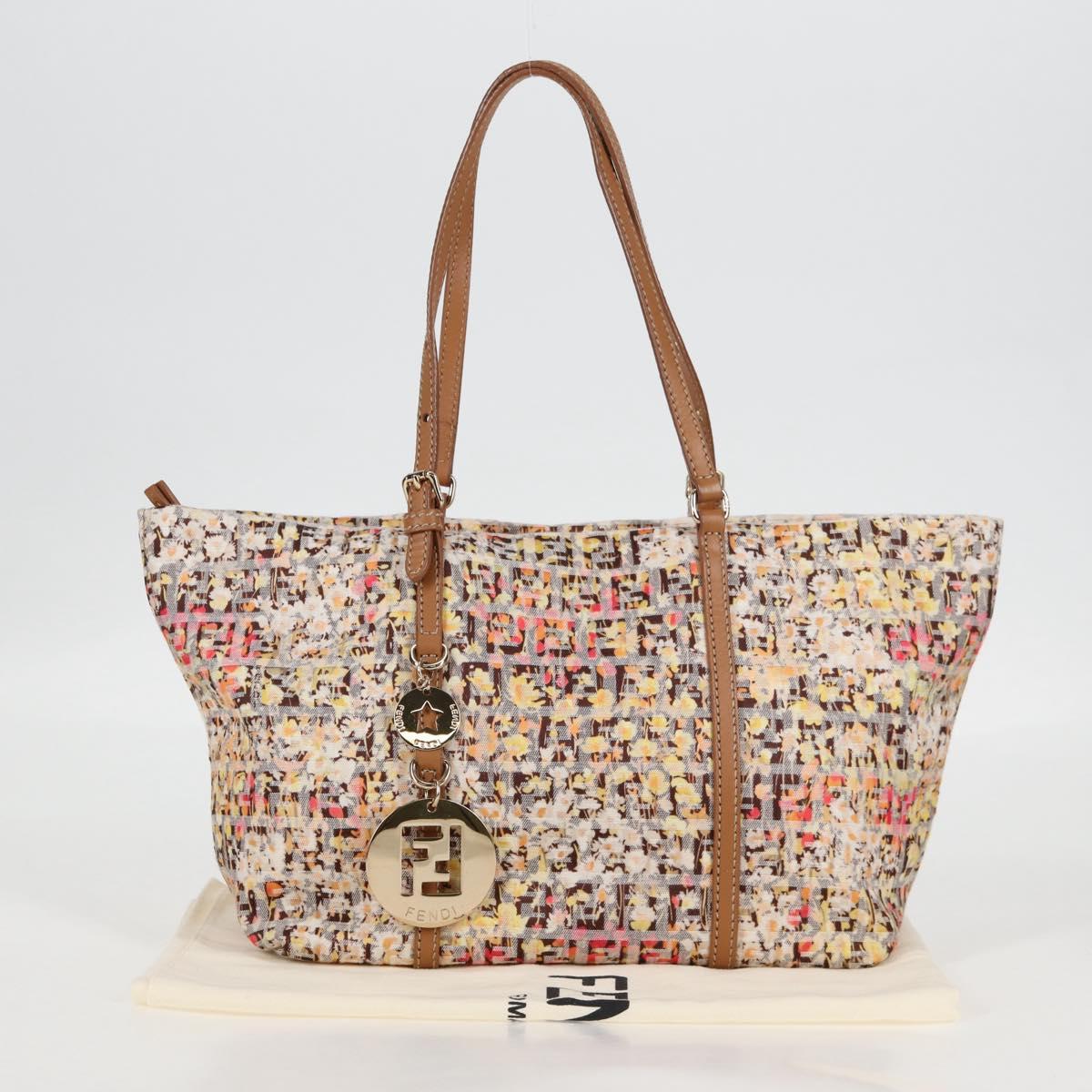 FENDI Zucchino Canvas Hand Bag Beige Gold Auth 122885V