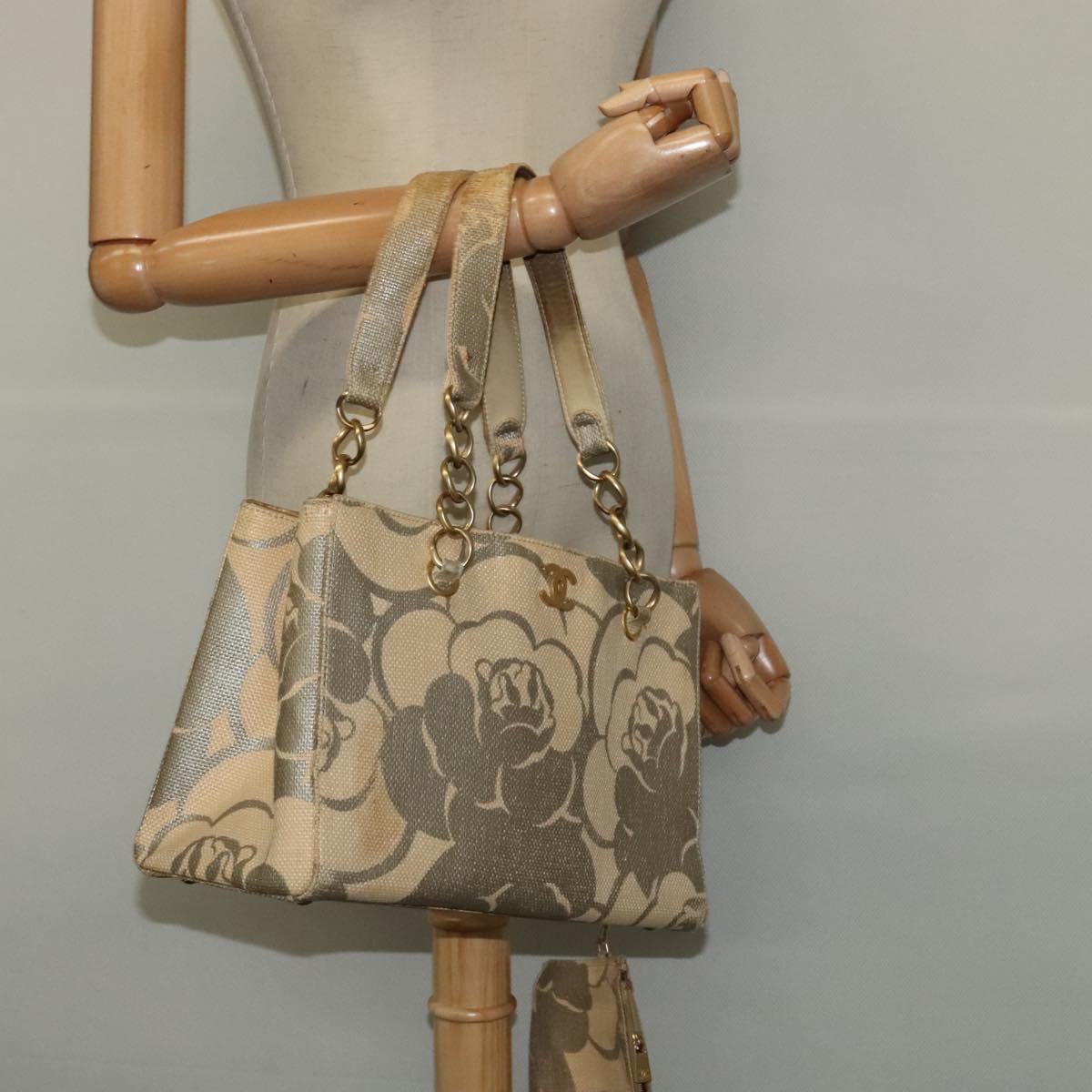 CHANEL Camelia Chain Tote Bag Straw Beige CC Auth 122907