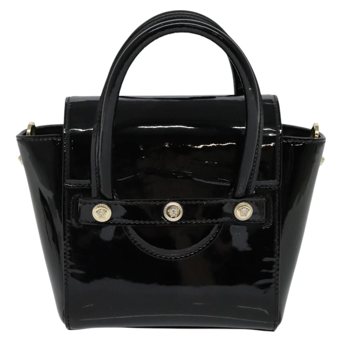 VERSACE Hand Bag Patent leather 2way Black Gold Auth 122926
